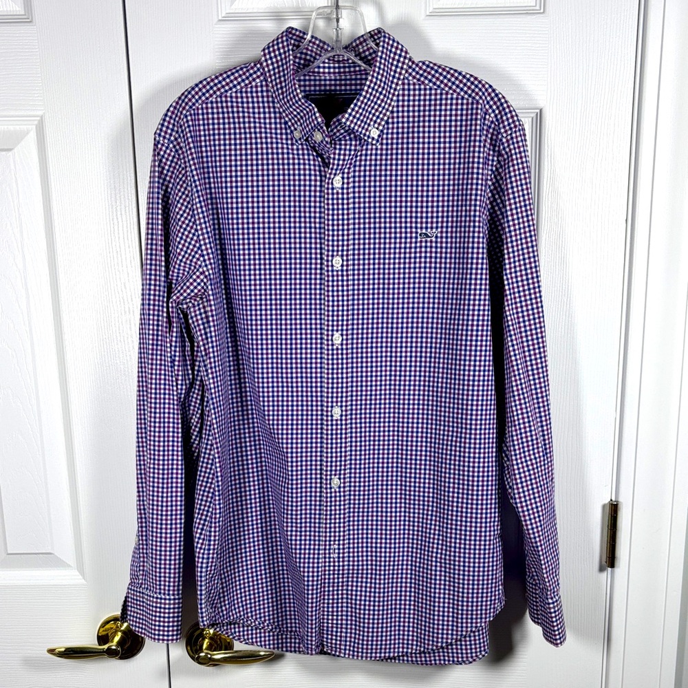 Vineyard Vines Long Sleeve Button Up Whale Shirt Navy Blue Purple Medical